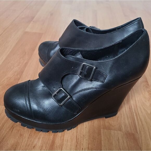 Jonak Paris Black Leather Monk Strap Platform Wedge Oxfords 39 - Picture 1 of 9